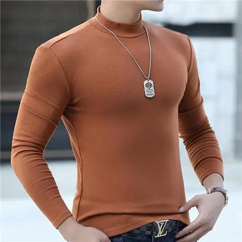 Fashion Men's Oversize High Collar Long Sleeves Autumn Winter Pure Thermal Shirt for Men  Layering Stylish T-Shirt