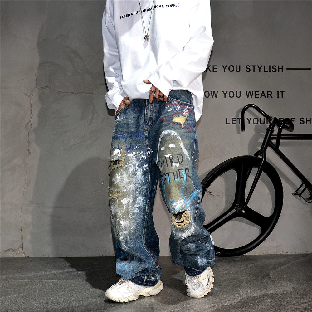 High End Men'S Clothing Hip Hop Graffiti Baggy Jeans For Men Streetwear Skateboard Ripped Jeans Korean Trendy Denim Trousers