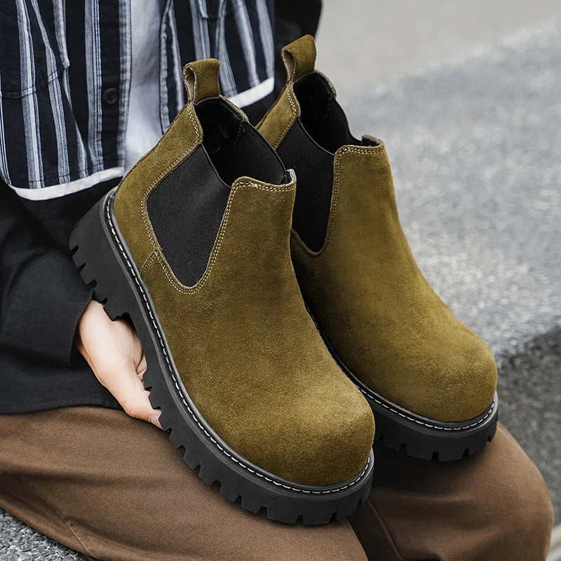 High Quality Fashion Mens Boots Black Boots Fashion Casual British Style Thick Bottomed Mid-top Chelsea Boots Large Size