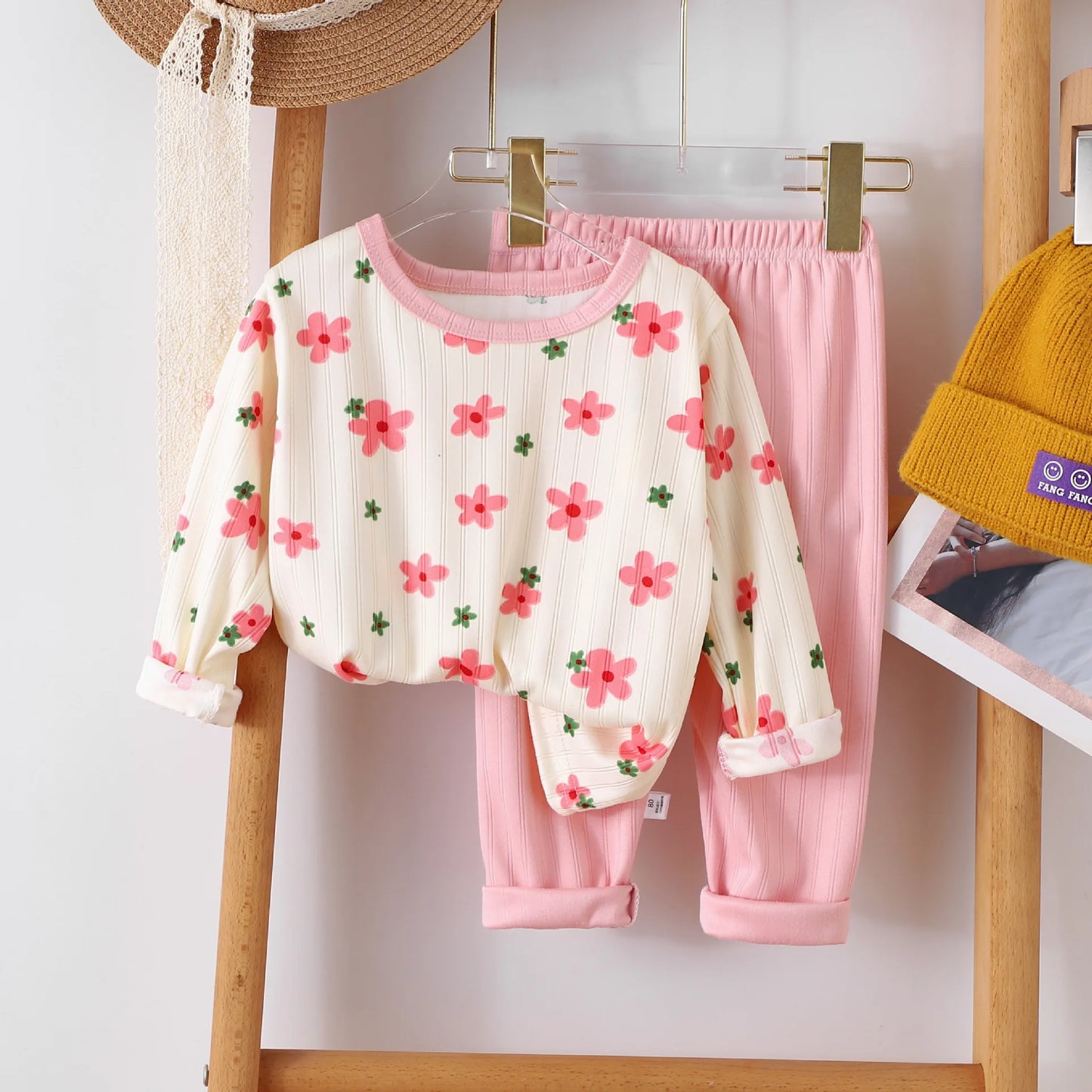 Children's warm underwear set boys girls autumn winter plush thick pajama set infants and young children home clothing set 0-5Y