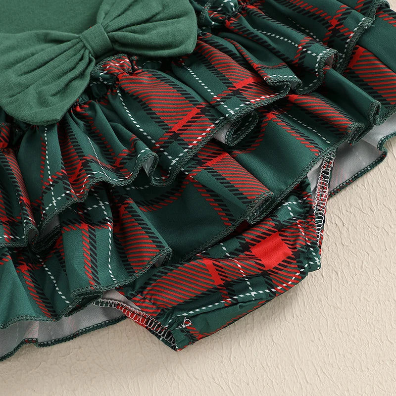 2024-08-20 Lioraitiin Christmas Infant Baby Girl Outfit Letter Ruffle Long Sleeve Romper Plaid Layered Ruffle Shorts Clothes