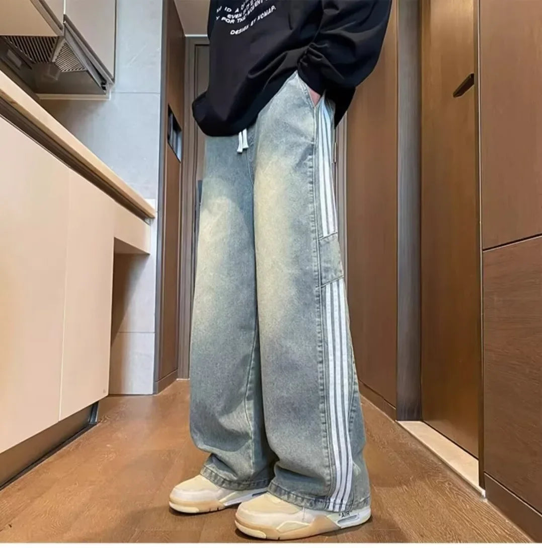 American Style Retro Men's Straight Leg Jeans Spring Autumn Trendy High Street Loose Wide Leg Long Pants Water Washed