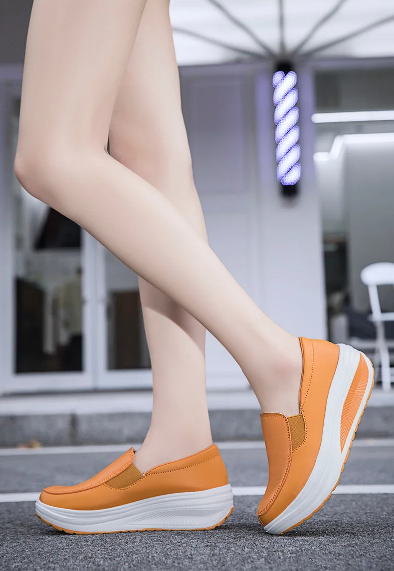 Women's Shoes Spring Genuine Leather Soft Outsole Work Shoes Female Black Swing Shoes Woman Plus Size Wedges Single Shoes