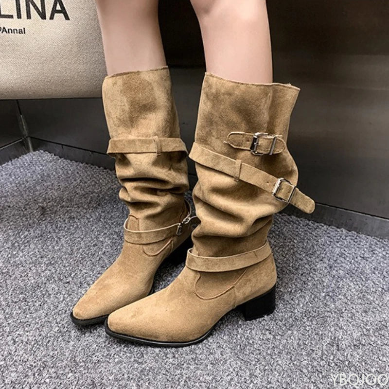 Spring and Autumn Fashion New Pointed Cowboy Coarse Heel Stacked Boots New Style No Knee Large Barrel Giroud Women's Boots