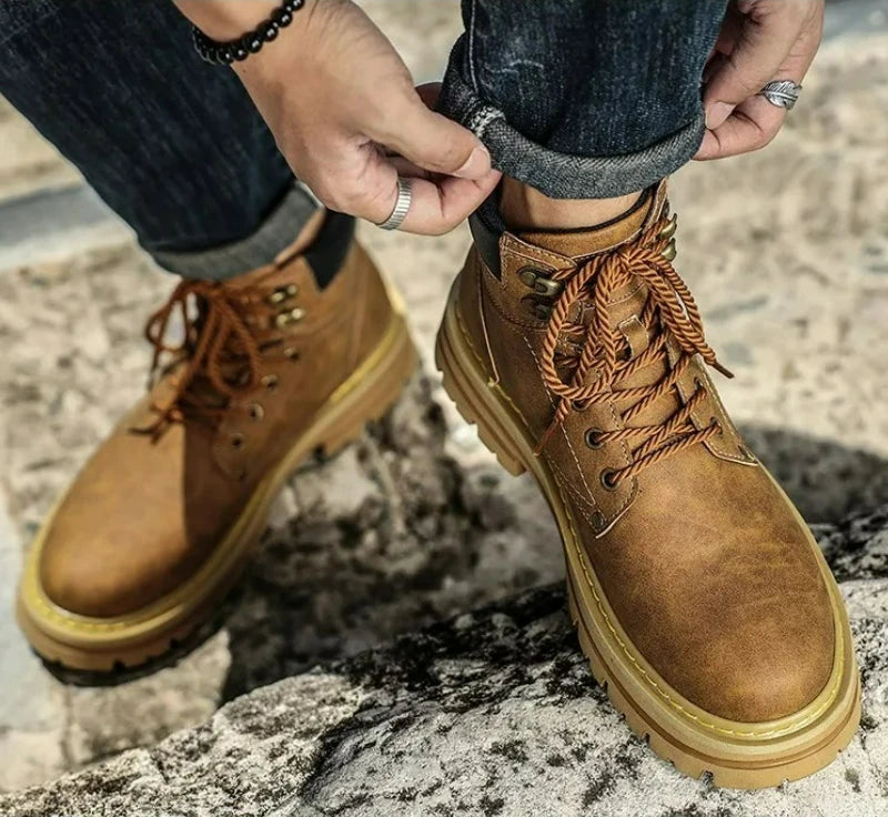 Men Ankle Boots Platform Leather Boots 2025 Fashion Brown Lace-up Boot High Top Comfortable Casual Shoes Non-slip Work Men Boots