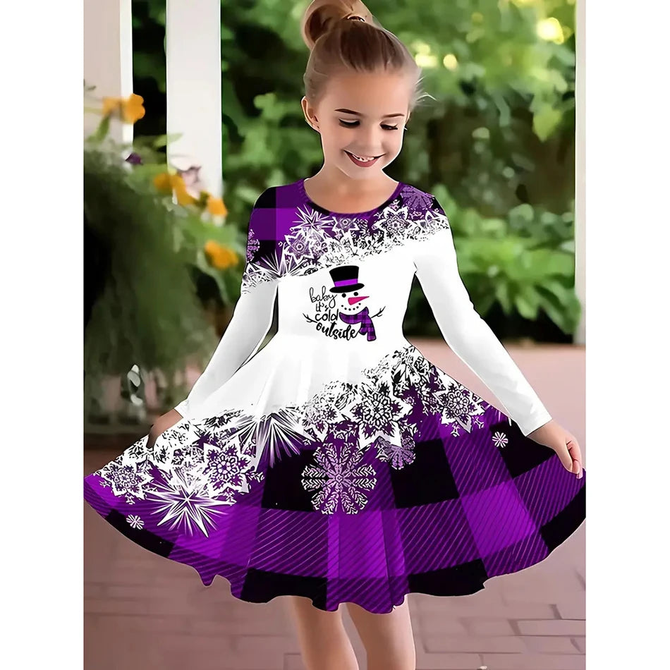 Kids Christmas Dress For Girls Clothes Autumn Winter 2026 New Children Cute Cartoon Print Long Sleeve Xmas Party Casual Dress