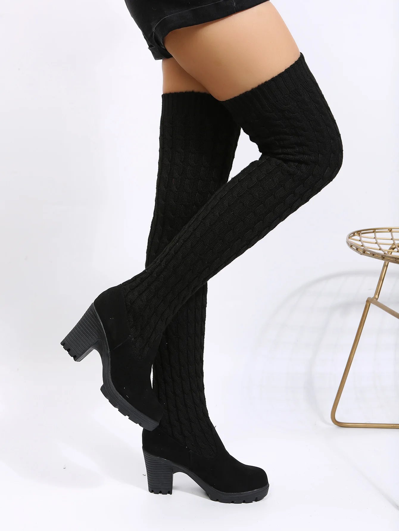 Women's Boots 2026 Autumn Winter High Heels Boots for Woman Shoes Knitting Wool Long Boot Women Brown/Black Boot Ladies Shoes