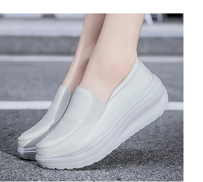 Women's Shoes Spring Genuine Leather Soft Outsole Work Shoes Female Black Swing Shoes Woman Plus Size Wedges Single Shoes