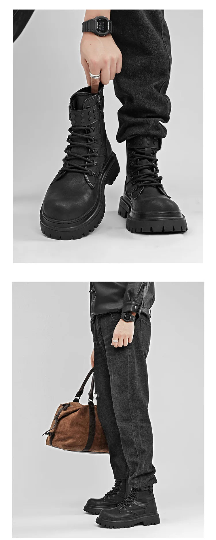 Men's High-Top Boots Retro British Style Black Tooling  Boots Fad Belt Buckle Designer Motorcycle Boot Man Casual Platform Boots