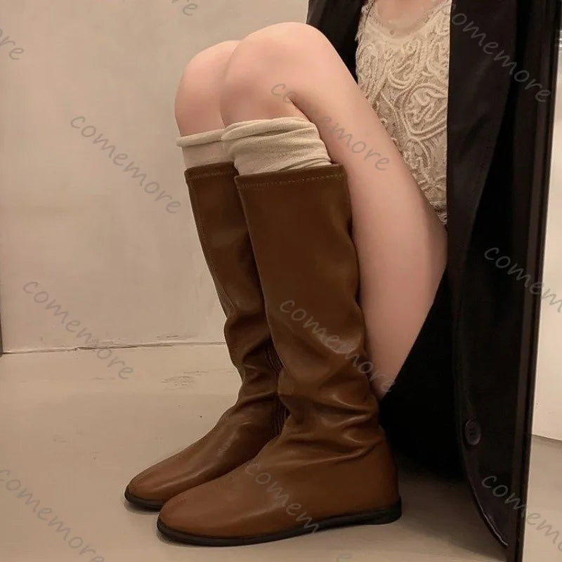 Comemore Long Boots Women's Shoes 2025 New Autumn and Winter Solid Color Botas Flat Bottom Round Head Knee High Boots for Women