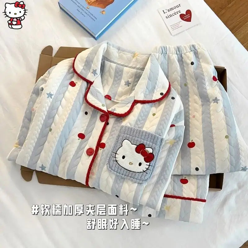 Hot Sanrio Girl Loungewear Set Hello Kitty Anime Kawaii Casual Loose Comfort Air-Layer Fabric 2-Piece Set Children Clothing New