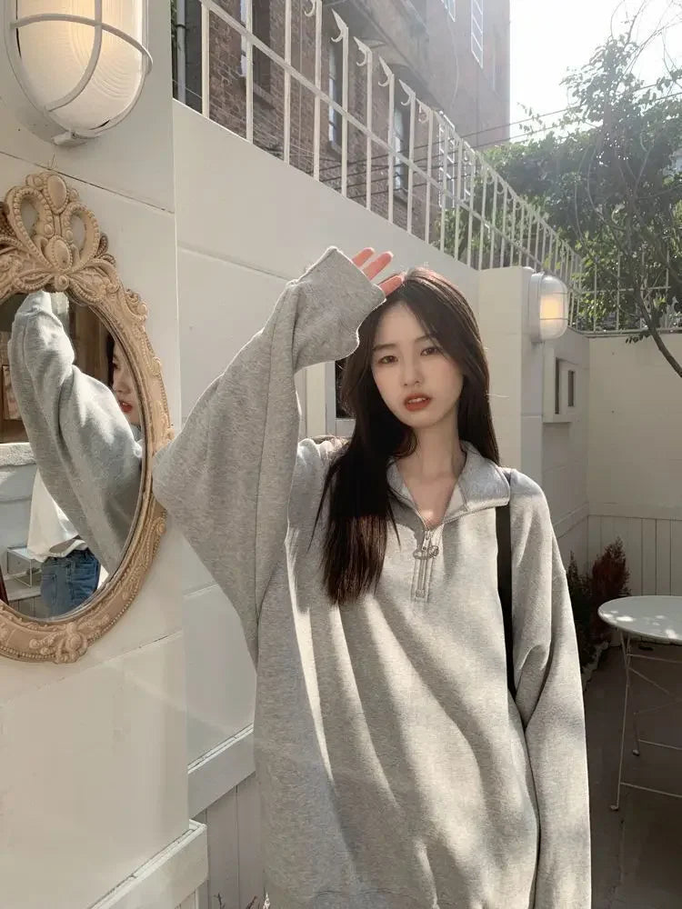 Gray Sweatshirt Women's Loose Polo Collar Lazy Style Autumn Winter New Arrival Missing Bottom Outerwear Long Length Female