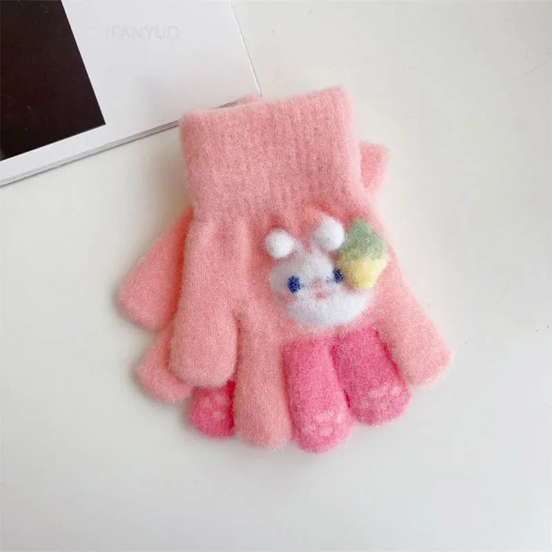 3-6Ages Children's Cute Strawberry Rabbit Kids Warm Gloves Autumn Winter Baby Boys Girls Five Finger Mittens Kindergarten Glove