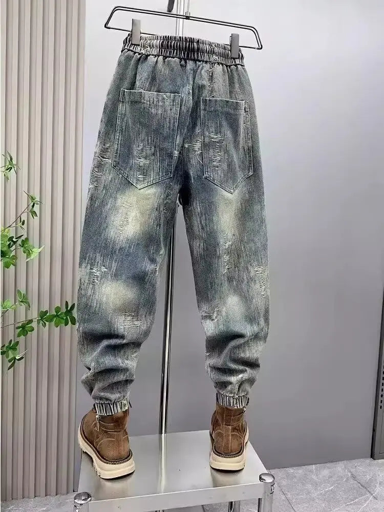 2025 Spring and Autumn Trendy Men's Versatile Cool and Trendy Washed Blue Casual Fashion Drawstring Loose Fit Jeans