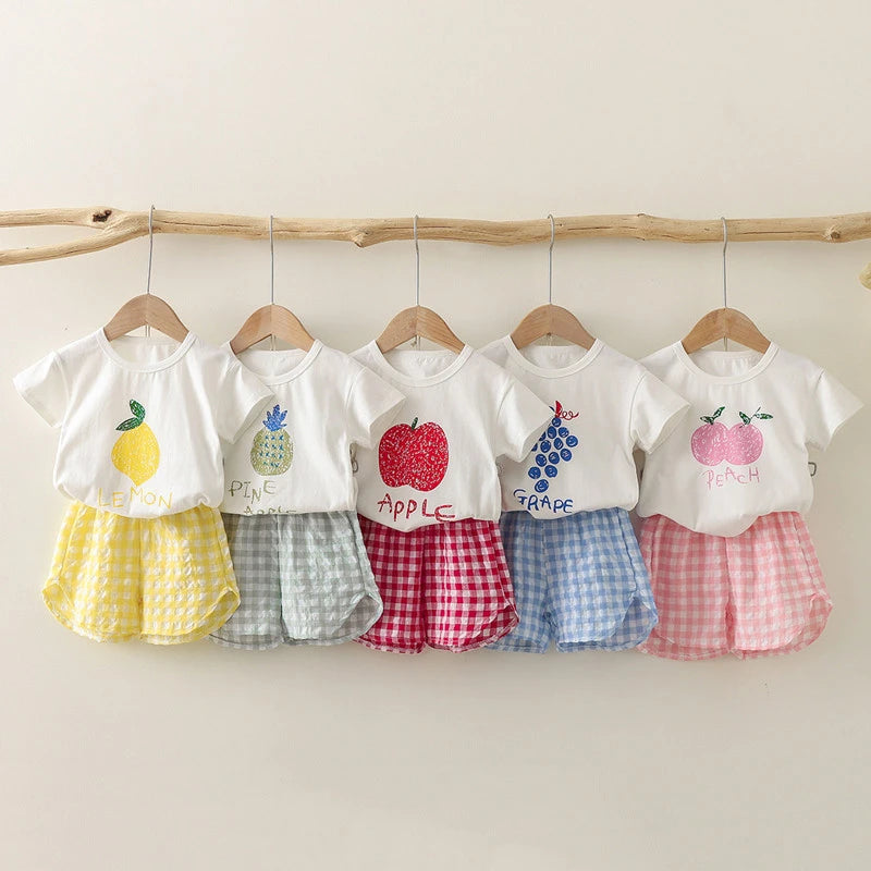 Baby Girls Set Summer Children Clothing Sets Plaid Shorts Short Sleeve T-Shirt Baby Girl Clothes Sweet Cute Outfits for 2-4Years
