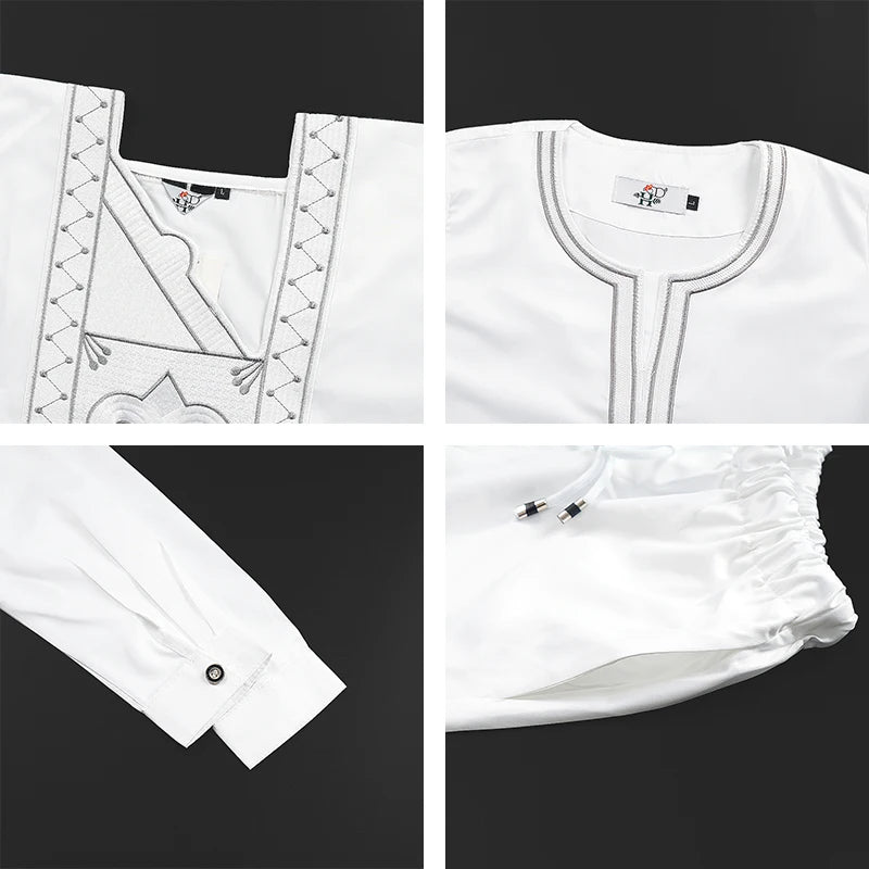 H&D 2025 African Tradition Clothes For Kids Boys White Blue Long Sleeve Tops Embroidery Dashiki Robe Shirt Pant Child Set 3 PCS