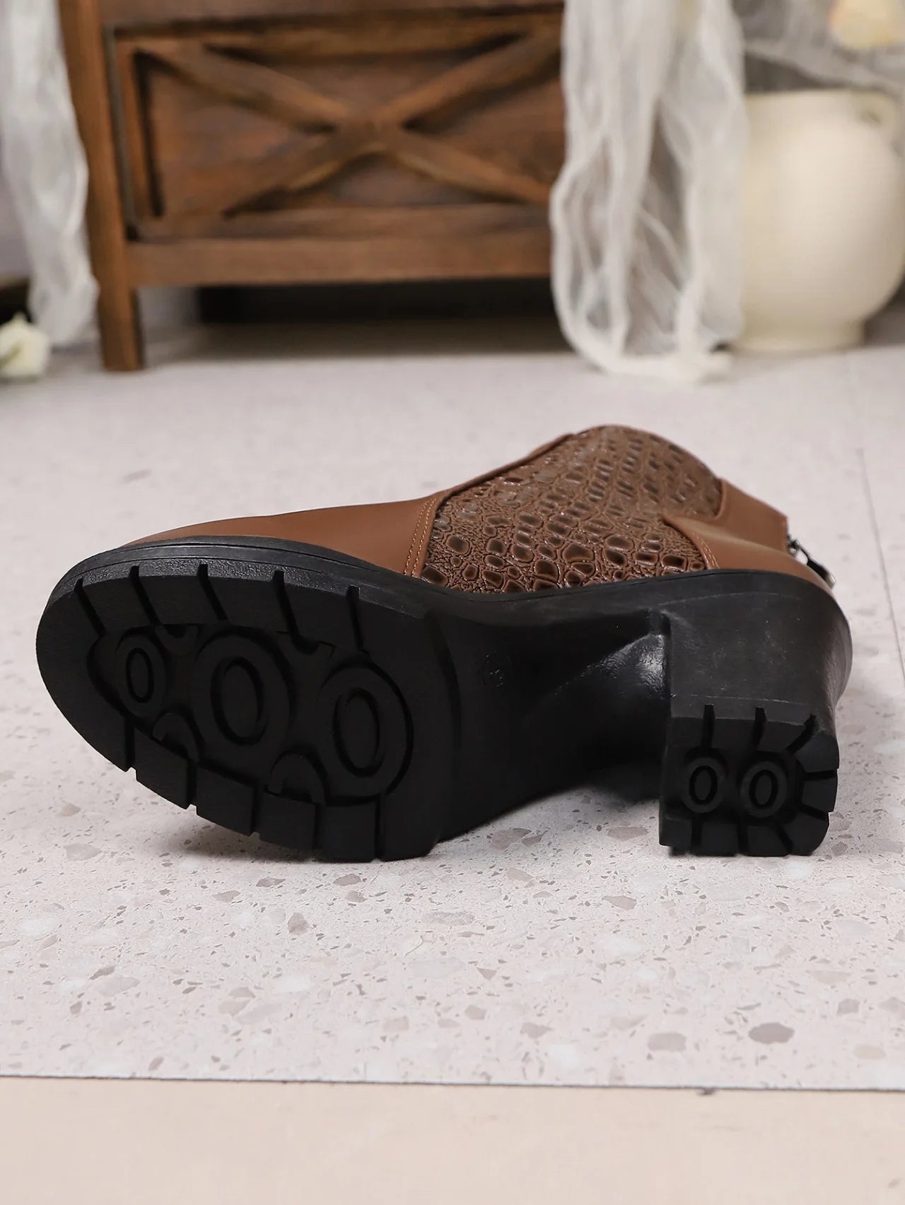 British Style Round Toe High Heel Short Boots for Women Back Zip PU Leather Autumn Winter Ankle Boots Botines Para Mujeres