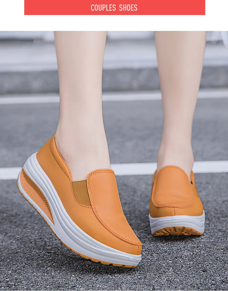 Women's Shoes Spring Genuine Leather Soft Outsole Work Shoes Female Black Swing Shoes Woman Plus Size Wedges Single Shoes