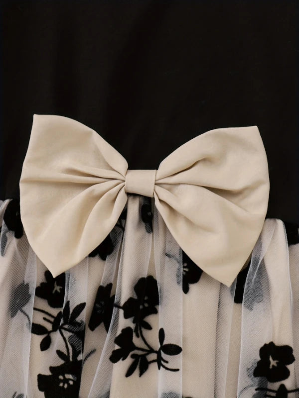 Spring Autumn Infant Toddler Girls round Neck Fly Sleeve Splice Flower Print Tulle Casual Dress for Baby Girls