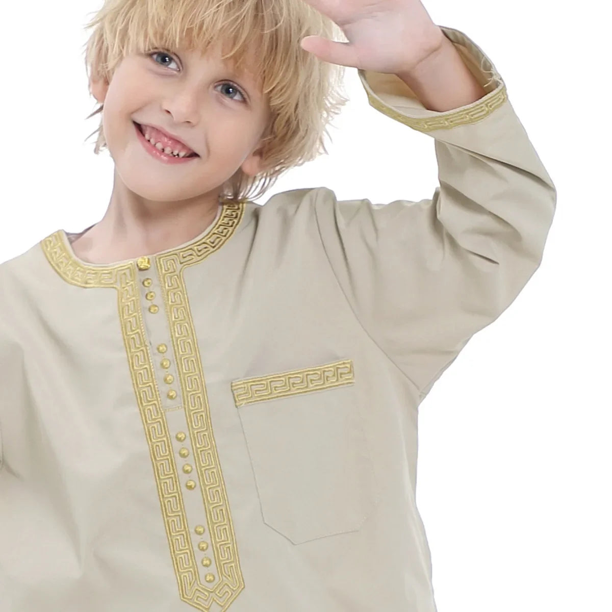Muslim Children Robe 2 Pieces Set Kids Boy Round Neck Long Sleeve Printed Dress Shirt Abaya Kaftan Jubba Thobe Islamic Clothing