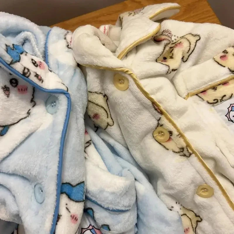 Chikawa Flannel Pjs Thicken Winter Usagi Long Sleeved Pajama Pants Set for Women Plus Velvet Cute Blue Hachiware Home Clothes