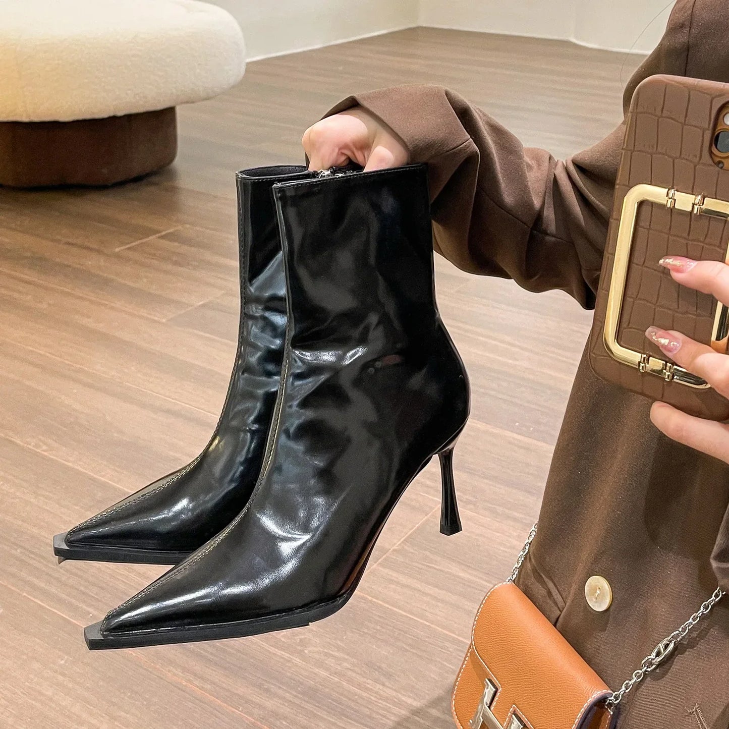 Women's Boots Autumn Boots-Women Winter Footwear Shoes Zipper Luxury Designer 2024 Ankle High Heel Leather Rubber Fashion