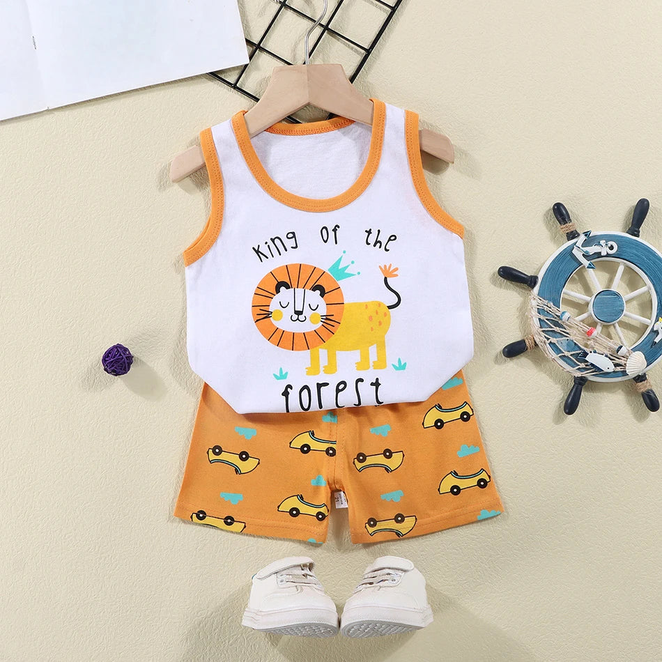 2 Pcs Summer Children's Animal Cartoon Print Vest Sets Girls Clothes Baby Korean Thin Boys Kids Sleeveless Casual Clothing Sets