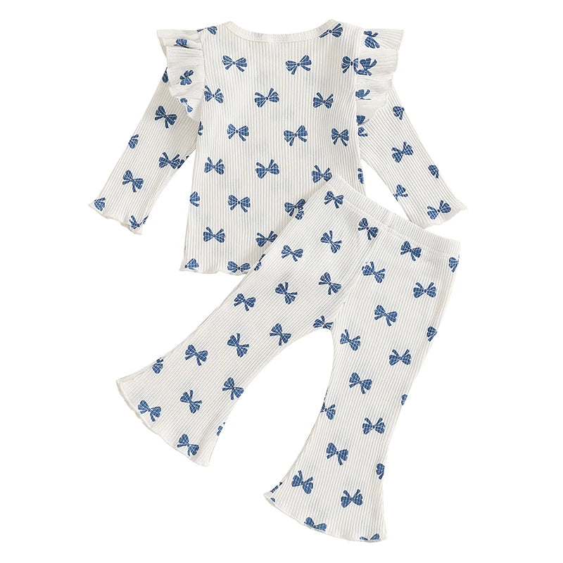 Pudcoco Kid Infant Baby Girls Pants Set, Bow Print Long Sleeve Crew Neck T-shirt with Flare Pants Fall Outfit 6M-4T