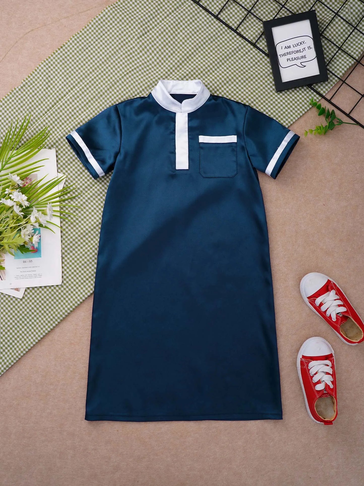 Muslim Baby Boys Robe Ramadan Eid Abaya Stand Collar Short Sleeve Satin Dress Gown with Pocket Arabic Islamic Dubai Kaftan Thobe