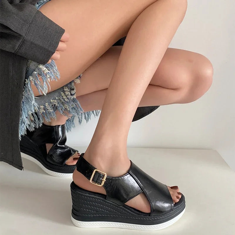 Women Shoes  Fashion Peep Toe Women Wedge Sandals Summer High-heeled Fish Mouth Shoes Soft Leather Height-increasing Beach Shoes