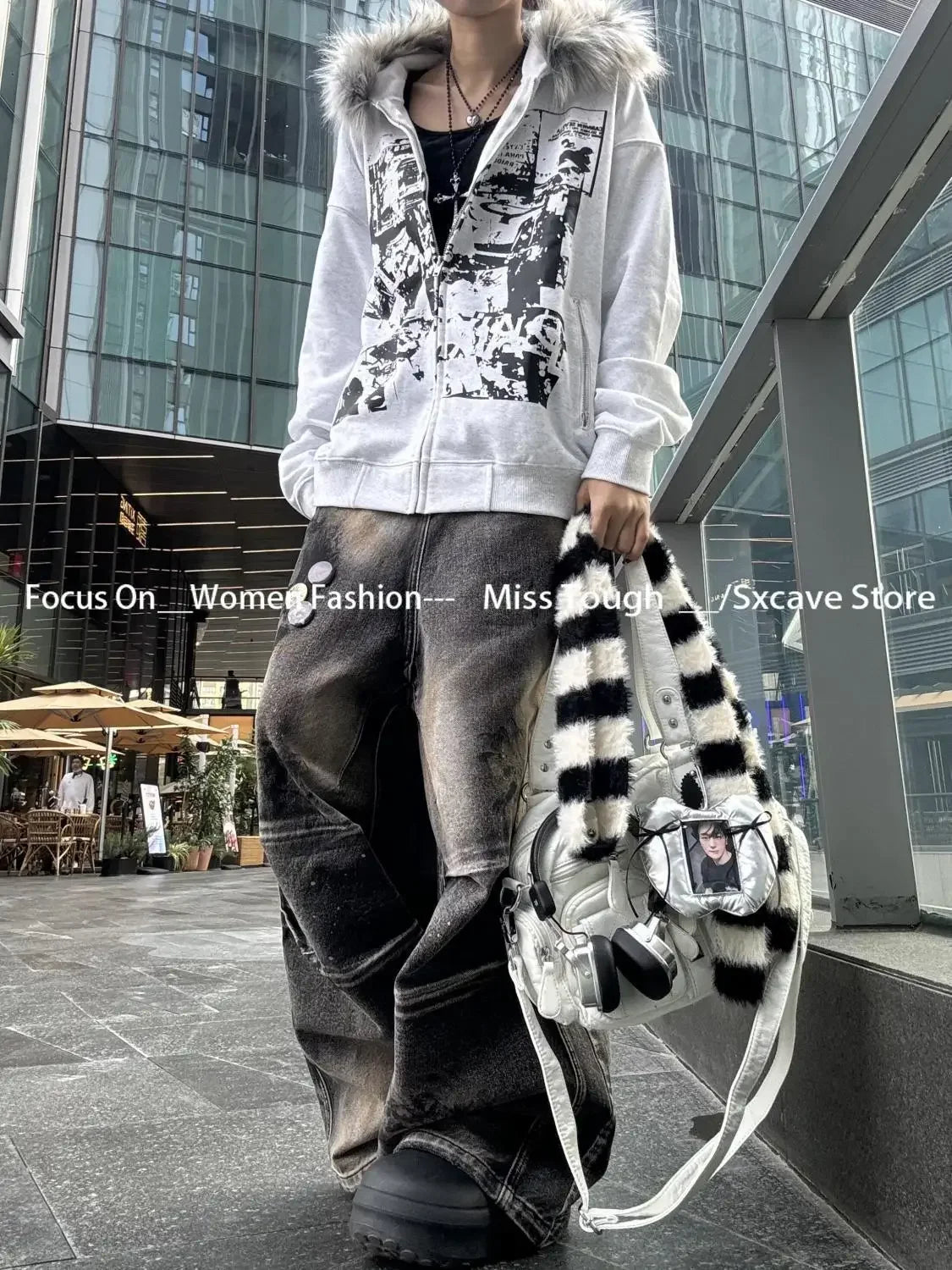 Subculture Vintage Faux Fur Hooded Women Casual Y2k Clothing Korean Fashion Sweatshirts Harajuku Gothic Printed Coats Jackets