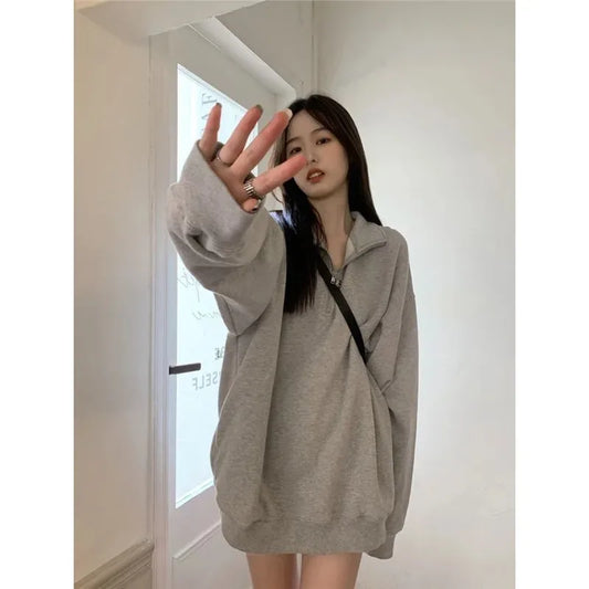 Gray Sweatshirt Women's Loose Polo Collar Lazy Style Autumn Winter New Arrival Missing Bottom Outerwear Long Length Female