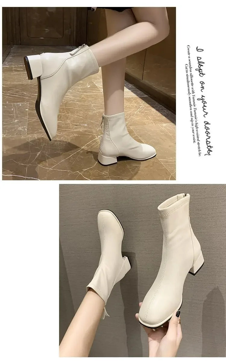 2025 New Elastic Socks Boots Women's Ankle Boots High Heels Thick Heels Square Toe Short Boots Retro Women's Shoes Botas Mujer