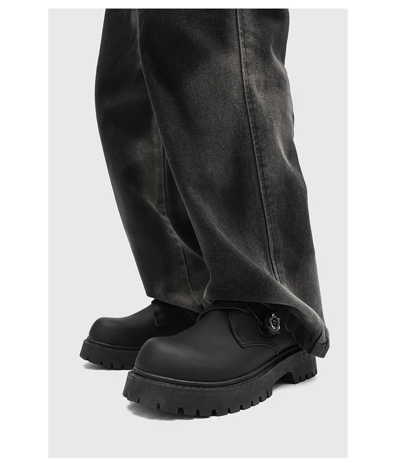 2025 Mens British Retro Wide Round-Toe Derby Shoes Chunky Platform Casual Leather Boots Trendy Streetwear Footwear for Wide Feet