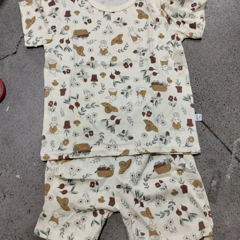 Summer Korean Nordic Style 0-5Y Kids Pajama Set Cotton Animal Print Pure Cotton Baby Girl Boy Sleeping Suit Casual Loose Clothes