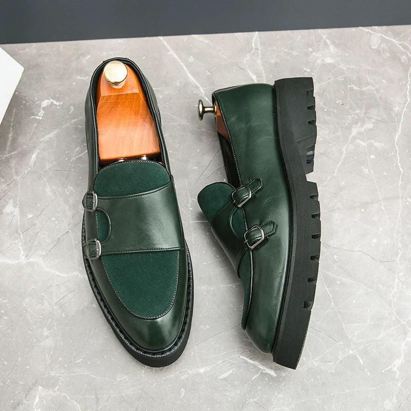 British Men's Shoes Trend Thick Soles High Height Loafers Green Outdoor Commuting Leather Casual Shoes for Men's Lightweight