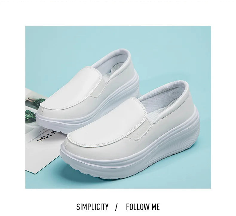 Women's Shoes Spring Genuine Leather Soft Outsole Work Shoes Female Black Swing Shoes Woman Plus Size Wedges Single Shoes