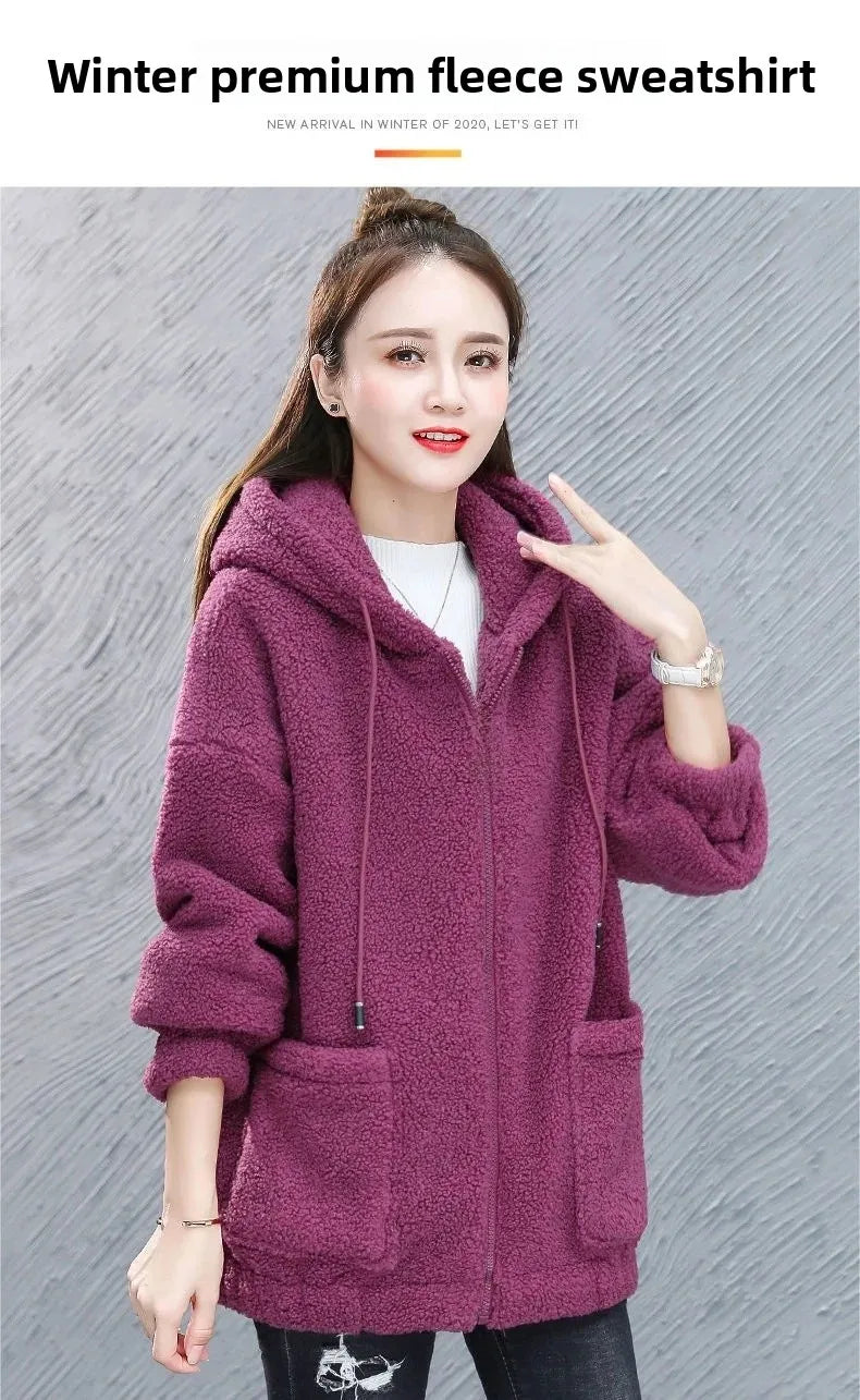 Lamb Velvet Hoodie Women's Thickened Fleece Teddy Velvet Loose Autumn Winter Korean Style Zipper Cardigan 082
