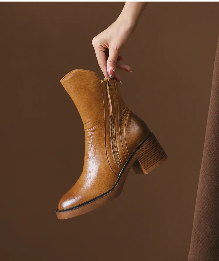 Women's Boots 2025 Spring and Autumn New Chelsea Boots Thick Heel Brown Short Leather Shoes for Women High Heels platform shoes