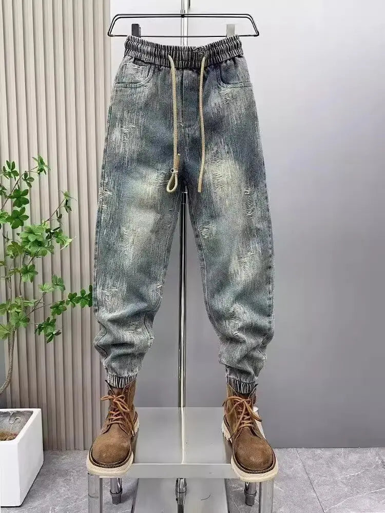 2025 Spring and Autumn Trendy Men's Versatile Cool and Trendy Washed Blue Casual Fashion Drawstring Loose Fit Jeans