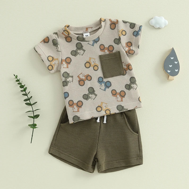Baby Toddler Boy Summer Outfit Waffle Tractor Print Short Sleeve T-shirts Solid Elastic Waist Shorts 2 Piece Summer Set