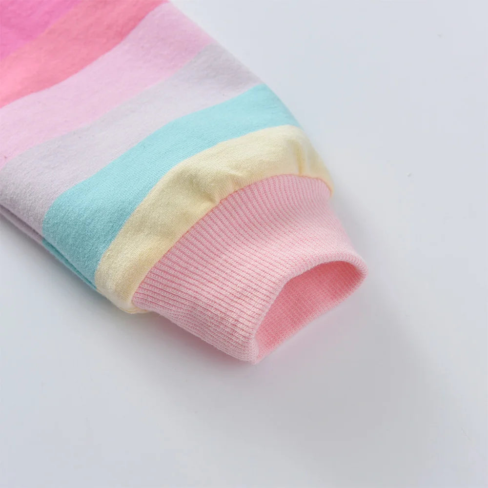 VIKITA Girls Cartoon Pink Outfits Kids Rainbow Striped Cotton Sweatshirt and Colorful Leggings Children Clothing 2 Pcs Sets