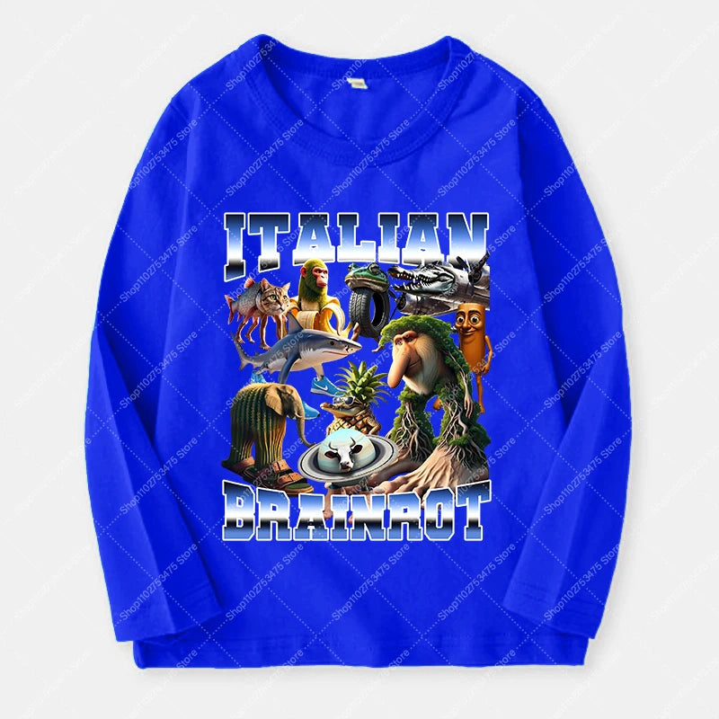Italian Brainrot Long Sleeve T-shirt for Kids Funny Meme Children Autumn Tops Tung Tung Tung Sahur Tee Boy Girl Clothing Gifts