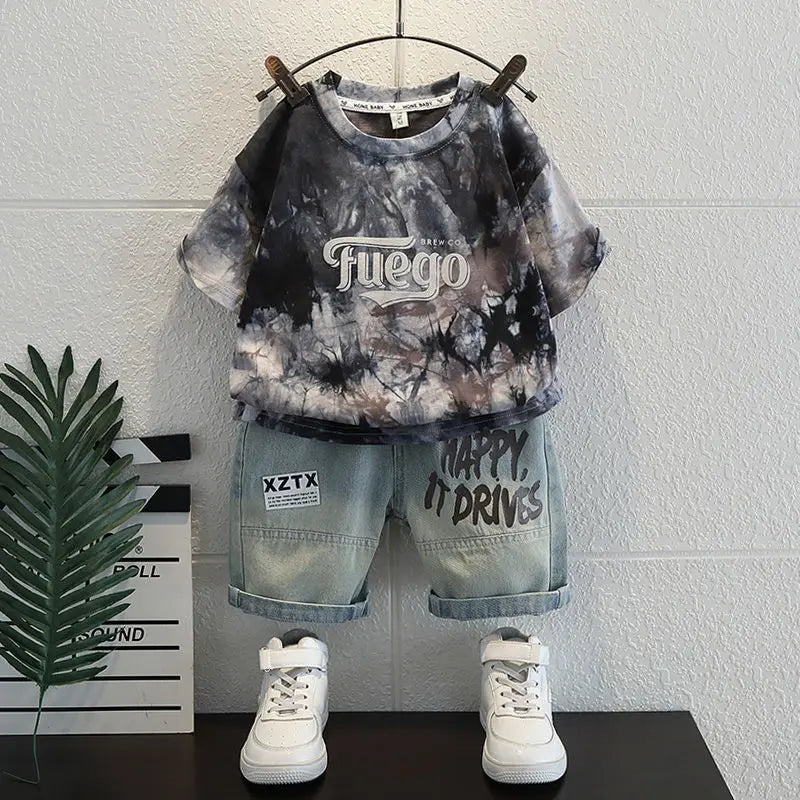 Korean Baby Boys Summer Sets Children's Clothing Short-Sleeved Letter T-Shirt & Denim Shorts Kids Boys Outfits Clothes 2-11Y