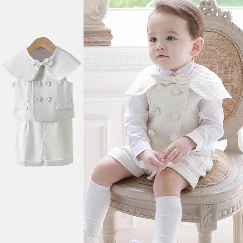 White Boys Suits Fashion Formal Baptism Party Dress Vest shawl Shorts hat 4pcs sets Outfits Kids Birthday Boutique Clothing set