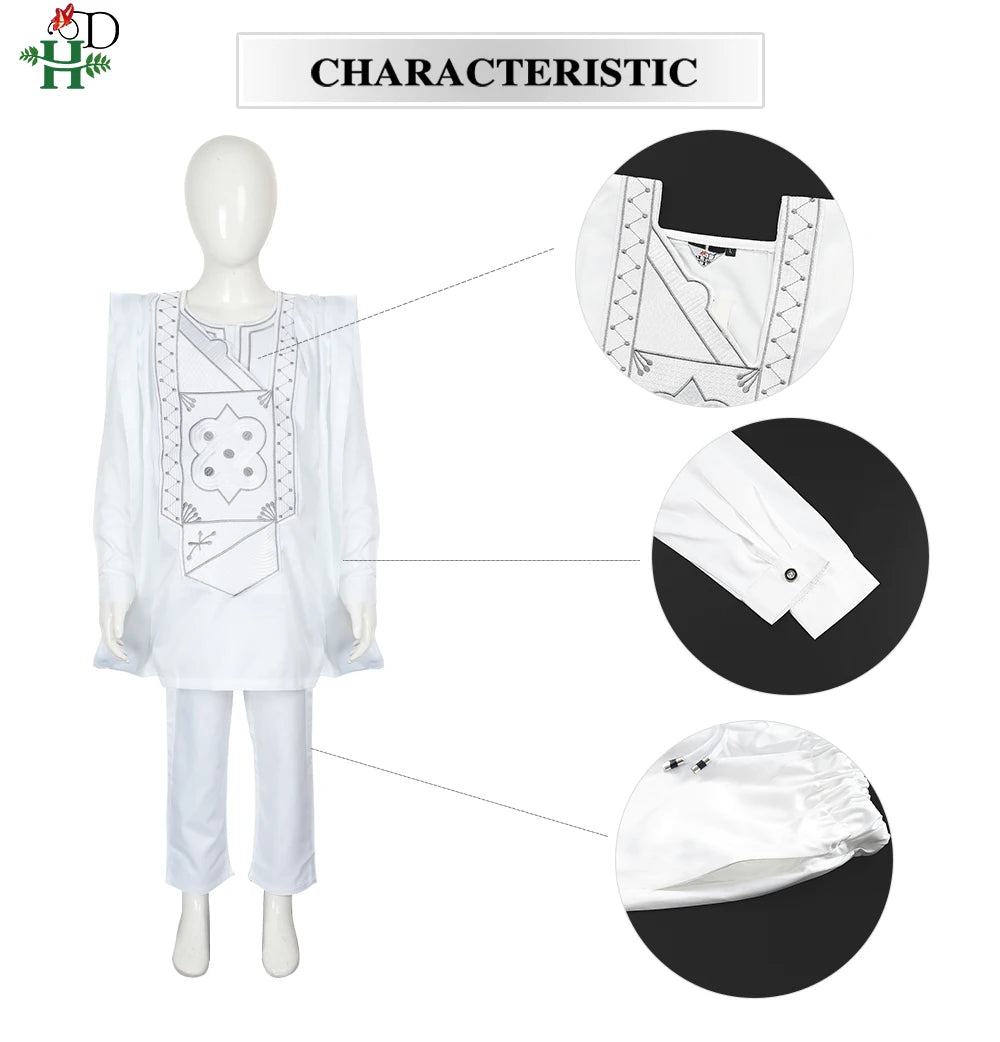 H&D 2025 African Tradition Clothes For Kids Boys White Blue Long Sleeve Tops Embroidery Dashiki Robe Shirt Pant Child Set 3 PCS