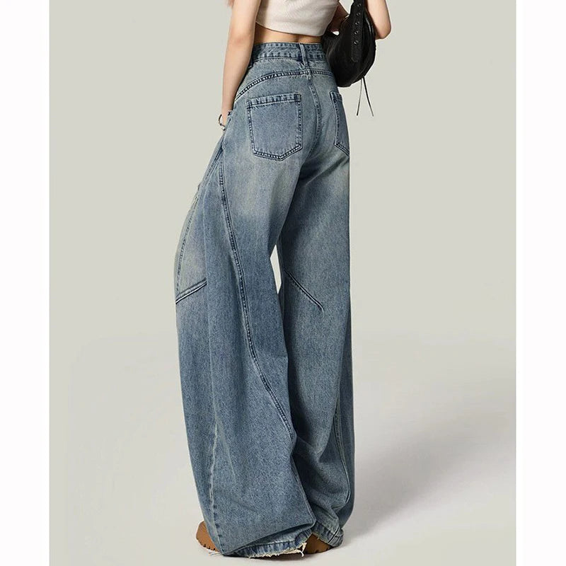 New Designer Women Thin Solid Jeans Girls Fashion High Waist Straight Leg Pants Lady Chic Ripped Baggy Denim Trousers