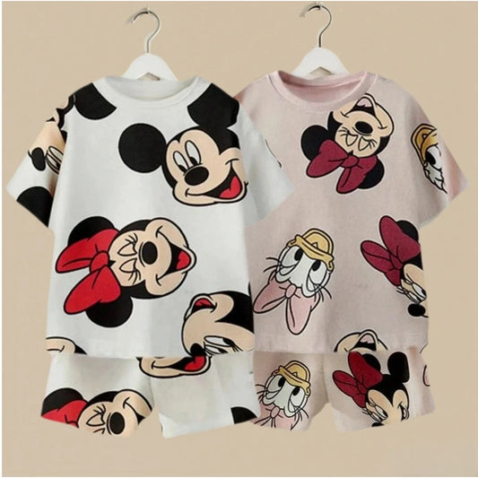 2025 Summer Toddler Suits 2pcs T-Shirt Top+Short Pants Disney Mickey Friends Print Crew Neck Sweatshirt Sets Kids Casual Outfits