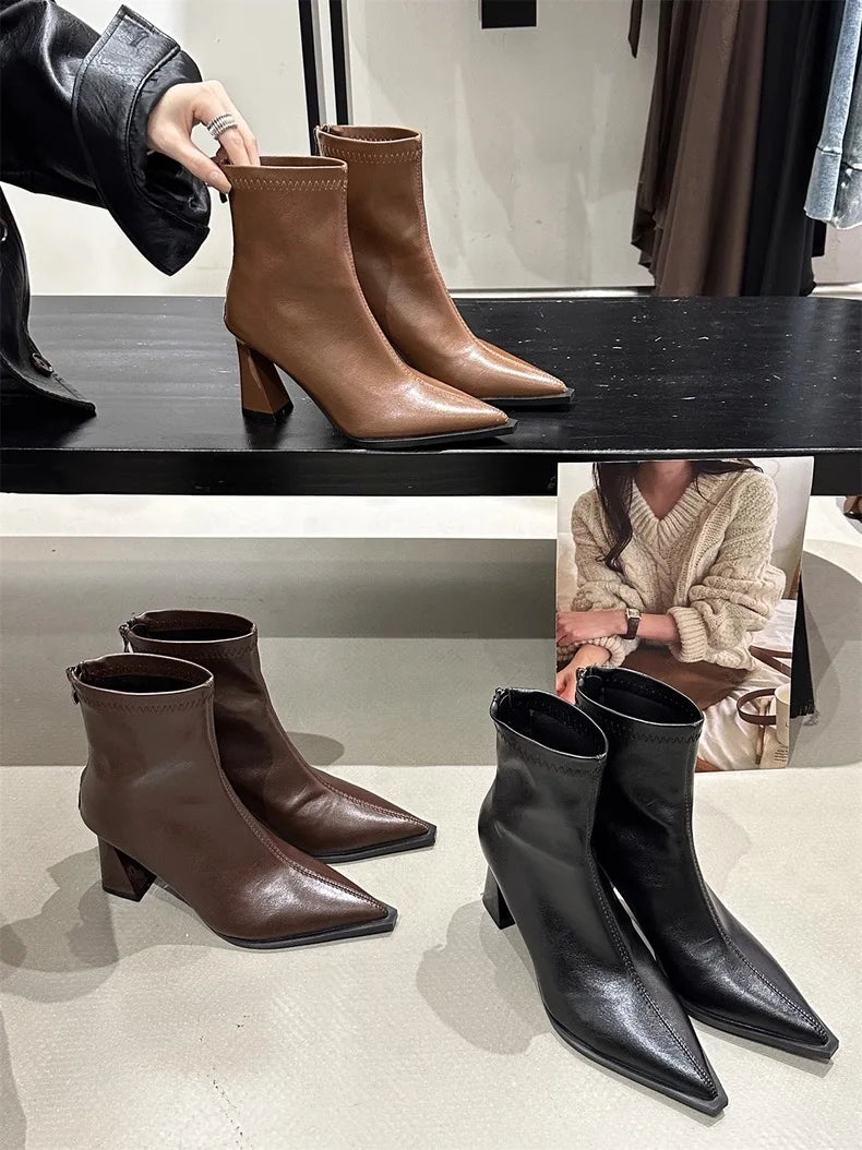 2025 Women Fashion Chelsea Ankle Boots Basic High Heels Boots Pointed Toe Shoes Women Band Non-slip Comfortable Boots 9989