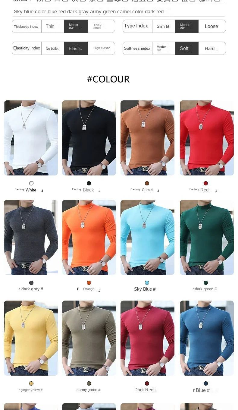 Fashion Men's Oversize High Collar Long Sleeves Autumn Winter Pure Thermal Shirt for Men  Layering Stylish T-Shirt